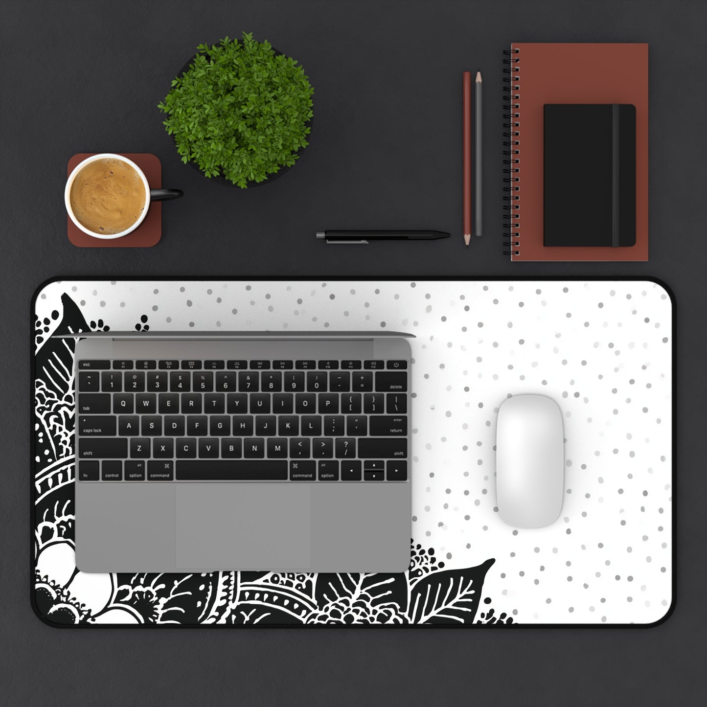 Henna Mandala Desk Mat: Black & White Boho Design
