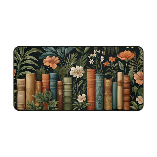 Vintage Library Desk Mat: Books & Wildflowers Botanical Print