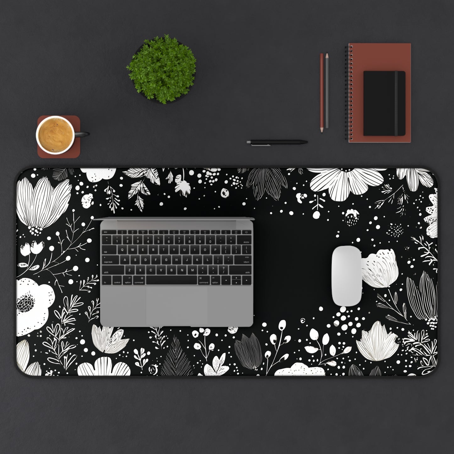 Night Garden Desk Mat: Whimsical White Flowers on Black