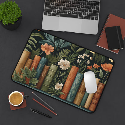 Vintage Library Desk Mat: Books & Wildflowers Botanical Print