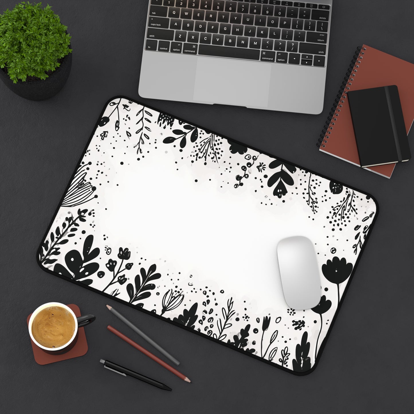 White Desk Mat: Minimalist Black Flowers Desk Pad