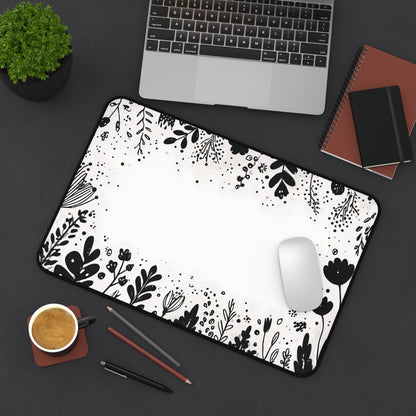 White Desk Mat: Minimalist Black Flowers Desk Pad