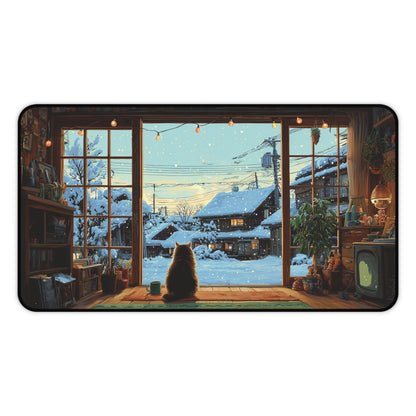 Cozy Winter Cat Desk Mat, Christmas Office Decor for Cat Lovers