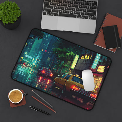 Pixel Art Desk Mat: Rainy Neon City Mouse Pad