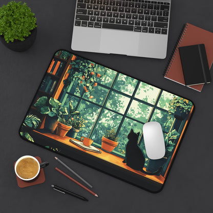 Books Plants and Cat Desk Mat, Cozy Large MousePad for Gaming or Office Decor