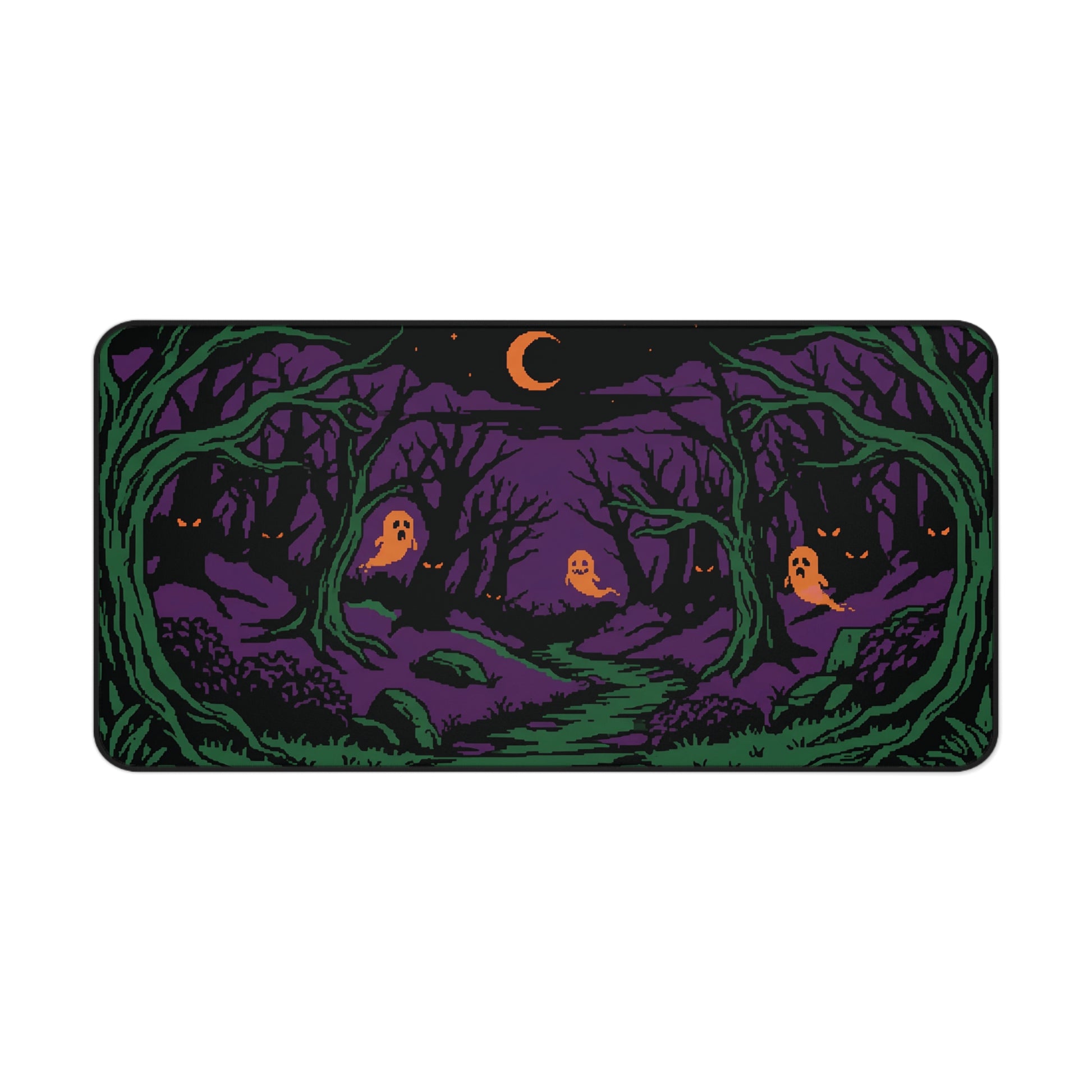 Halloween forest desk mat with purple trees, green glow, orange eyes and moon