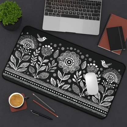 Folk Art Floral Desk Mat: Scandinavian Black & White Mouse Pad XL