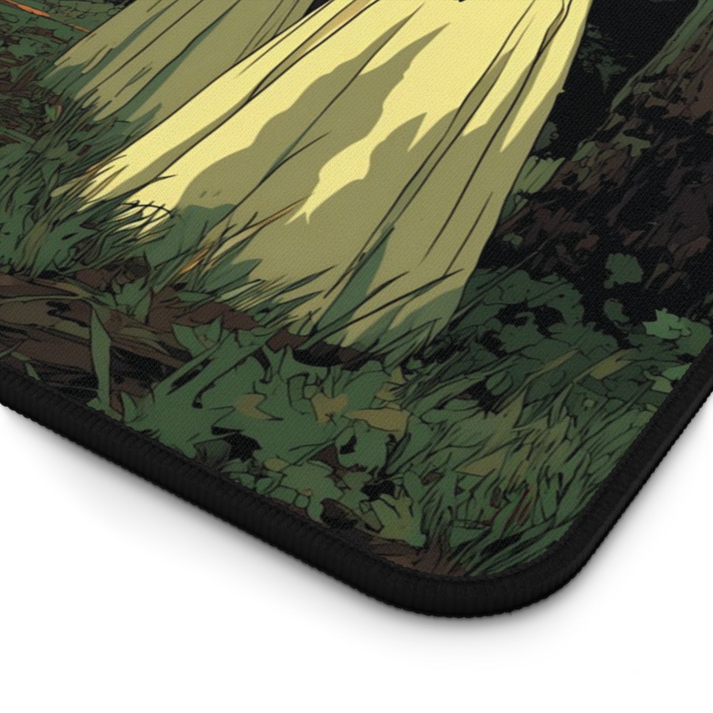Desk mat corner with dark border and grass illustration, Halloween ghost figures