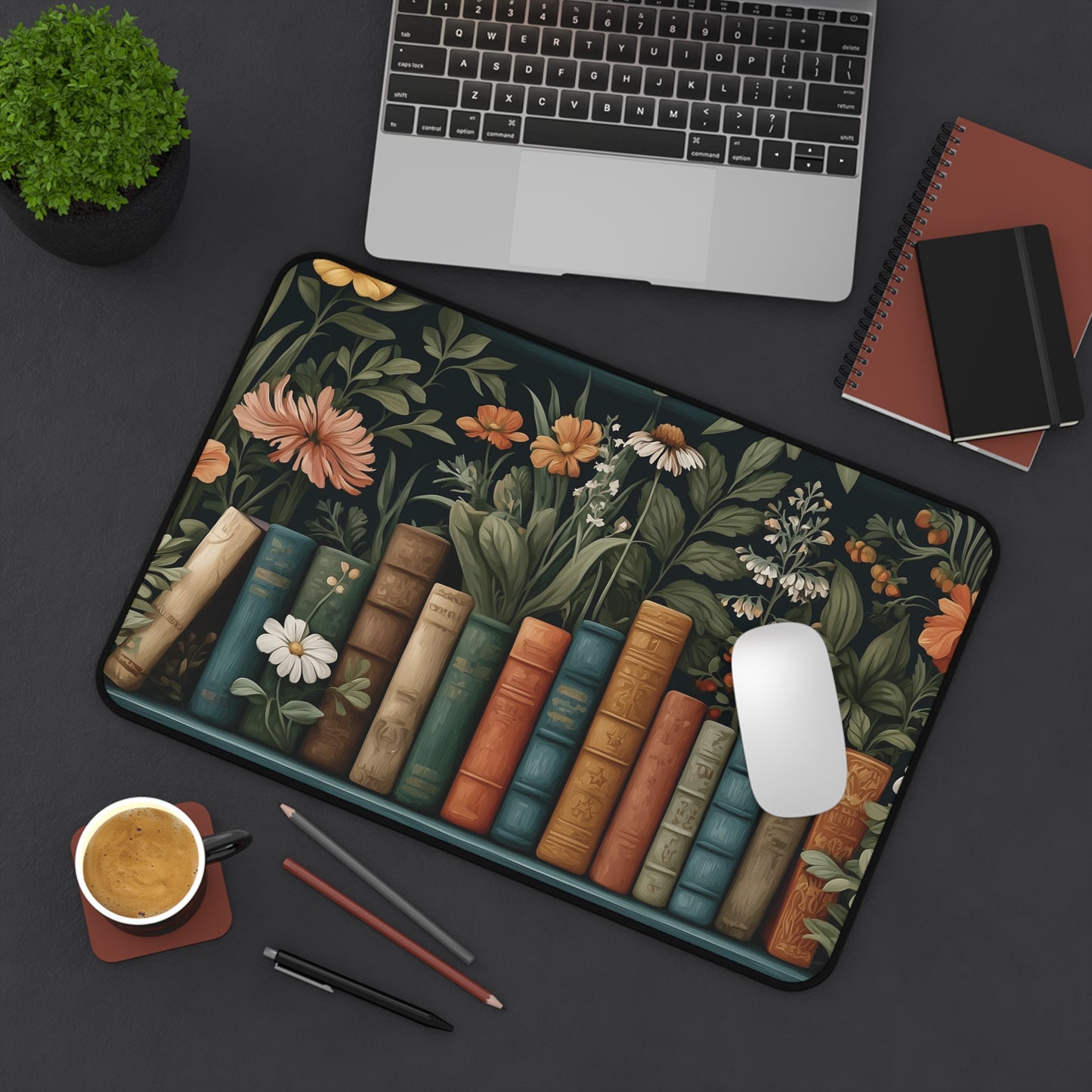 Bookshelf Desk Mat: Dark Academia Botanical Library Design