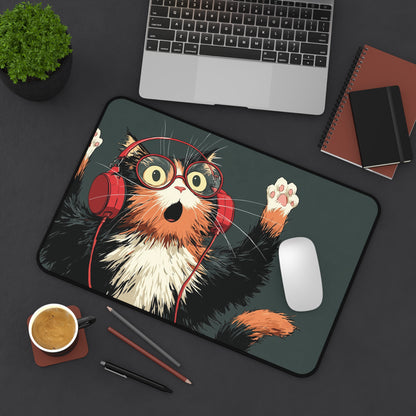 Cat with Headphones Desk Mat: Funny Calico Cat Mouse Pad
