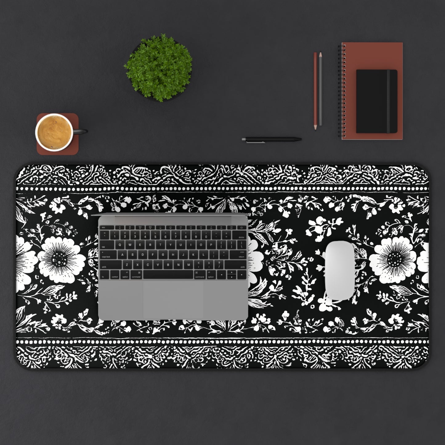 Black Damask Floral Desk Mat: Vintage Mouse Pad XL