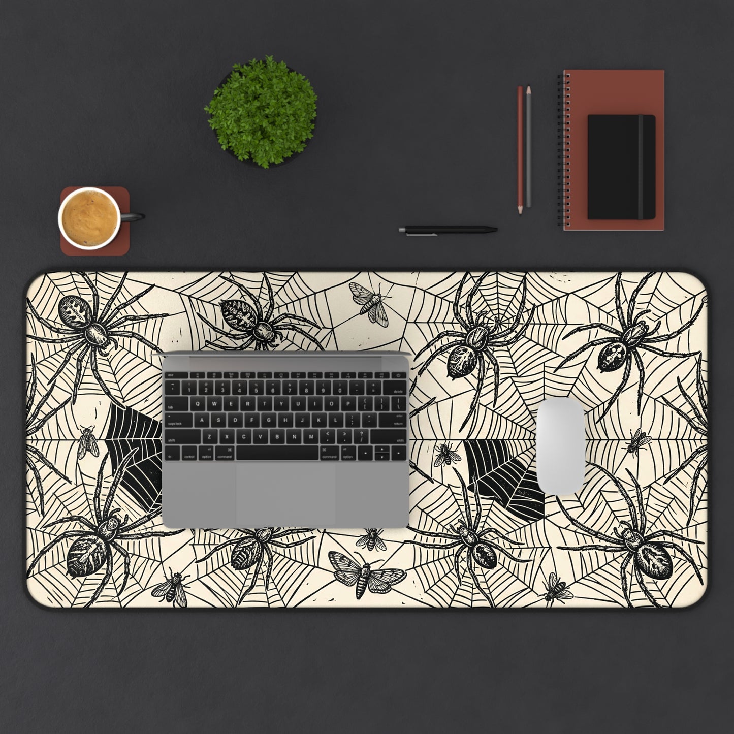 Rectangular desk mat mouse pad with vintage spider web and spider motifs, black edge trim