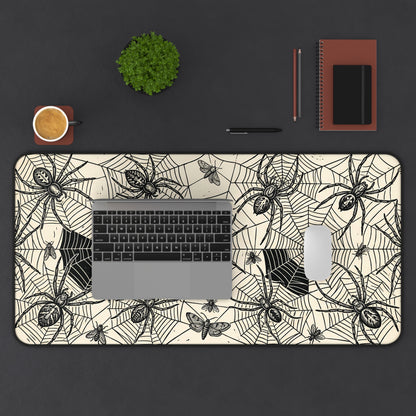 Rectangular desk mat mouse pad with vintage spider web and spider motifs, black edge trim