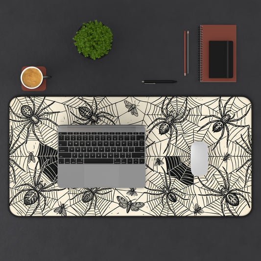 Rectangular desk mat mouse pad with vintage spider web and spider motifs, black edge trim