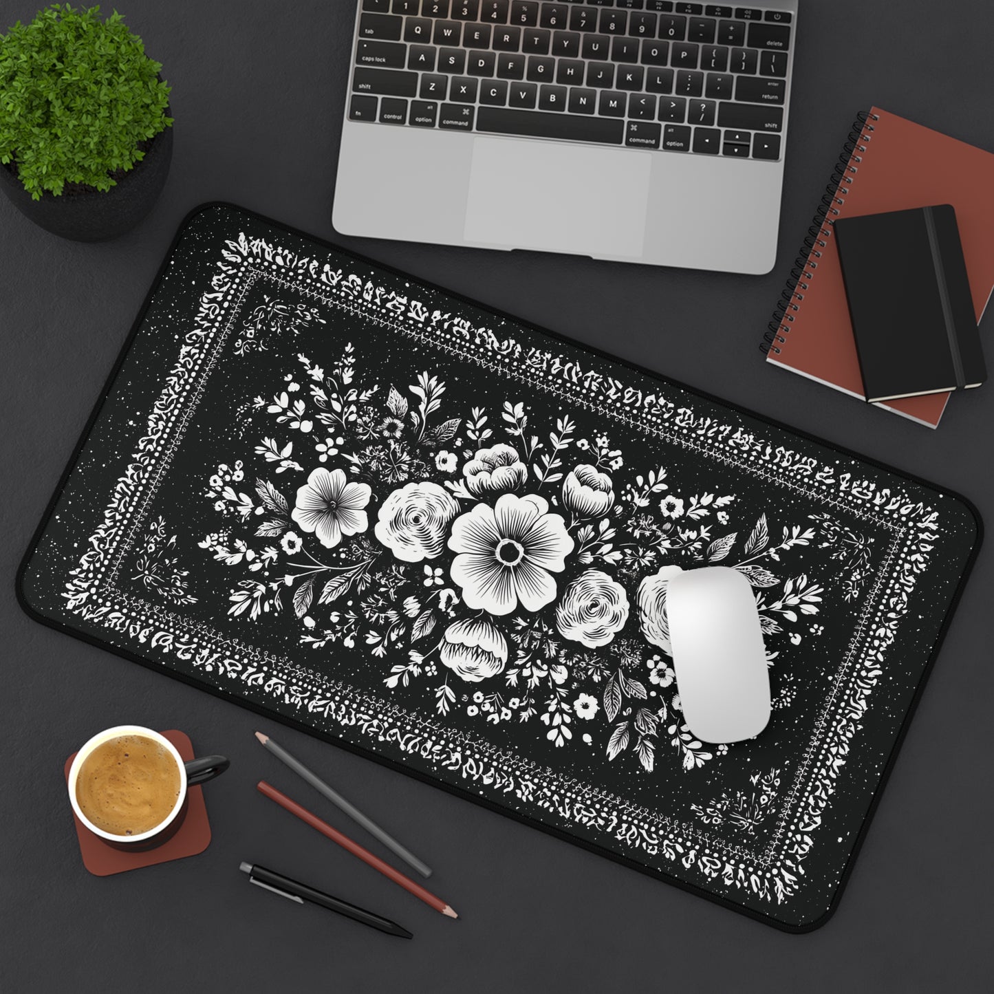 White Rose Desk Mat: Vintage Bouquet on Black Mouse Pad
