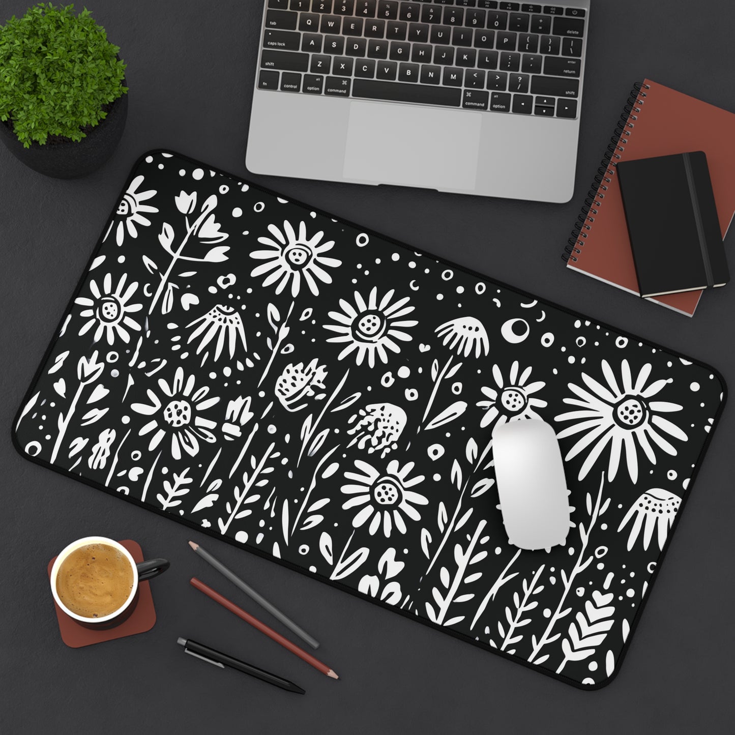 Wildflower Desk Mat: Hand-Drawn Doodle Floral in Black & White