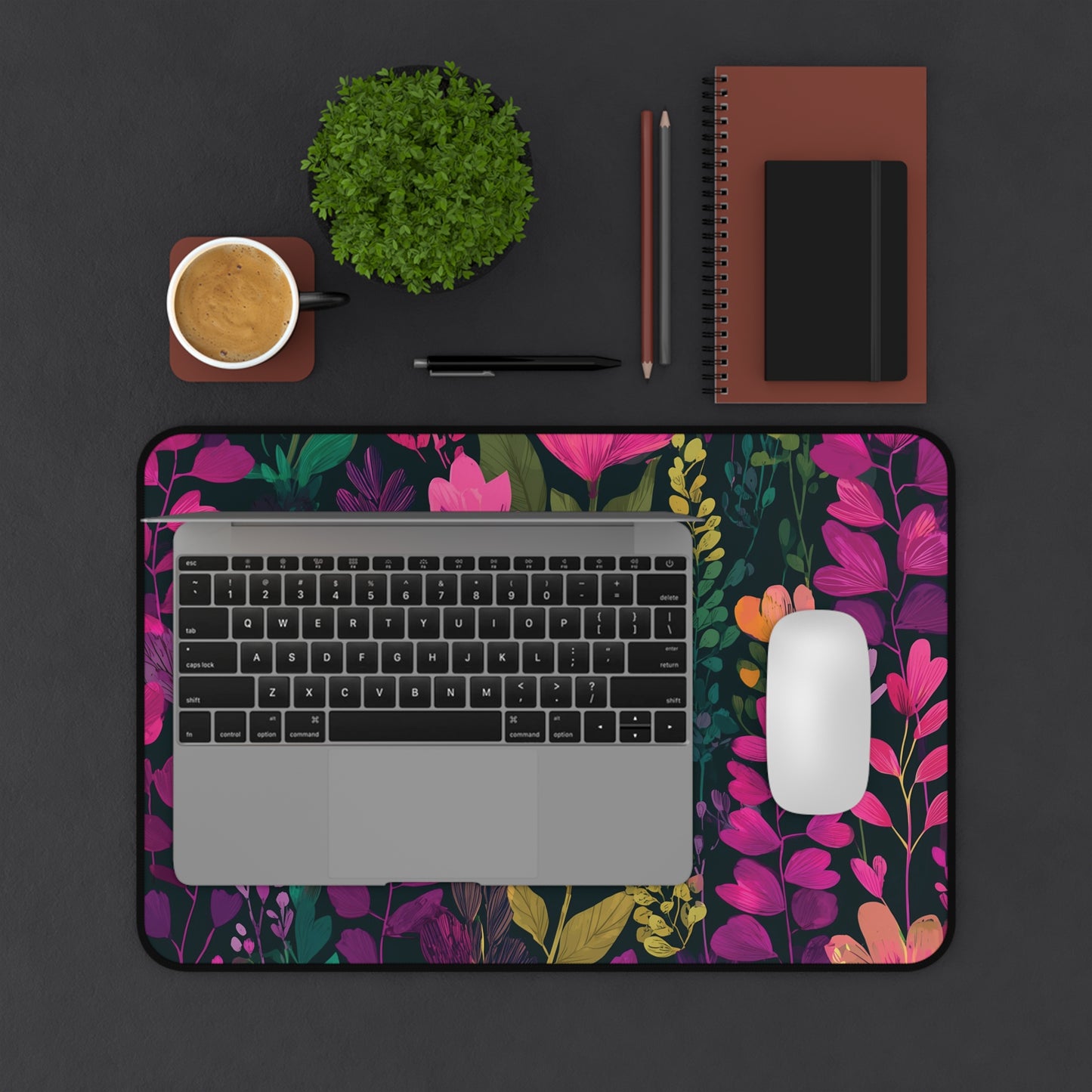 Floral Desk Mat Pink Green & Purple, Colorful Flowers Desk Pad