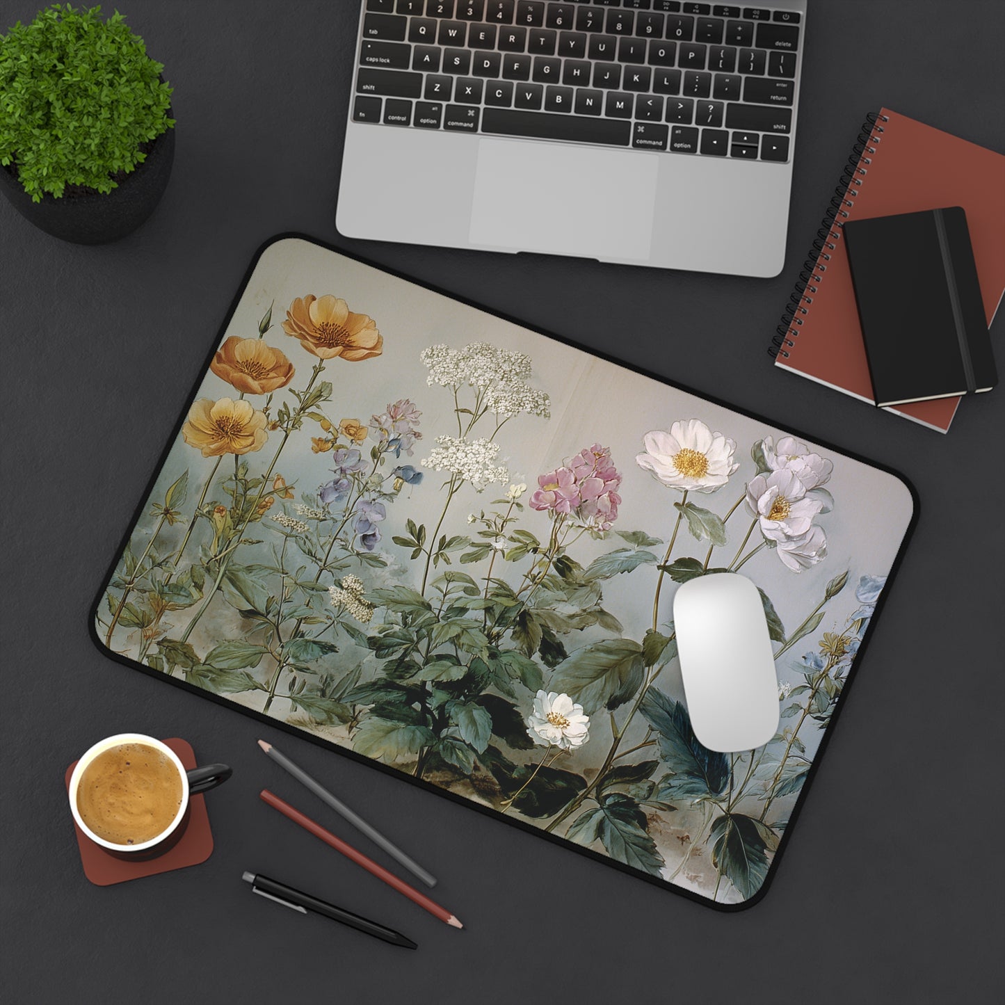 Vintage Botanical Desk Mat: Wildflower Painting Design