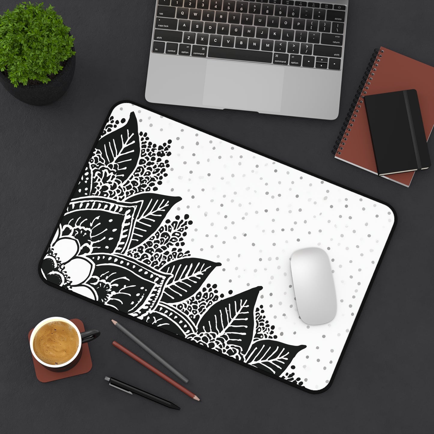 Henna Mandala Desk Mat: Black & White Boho Design