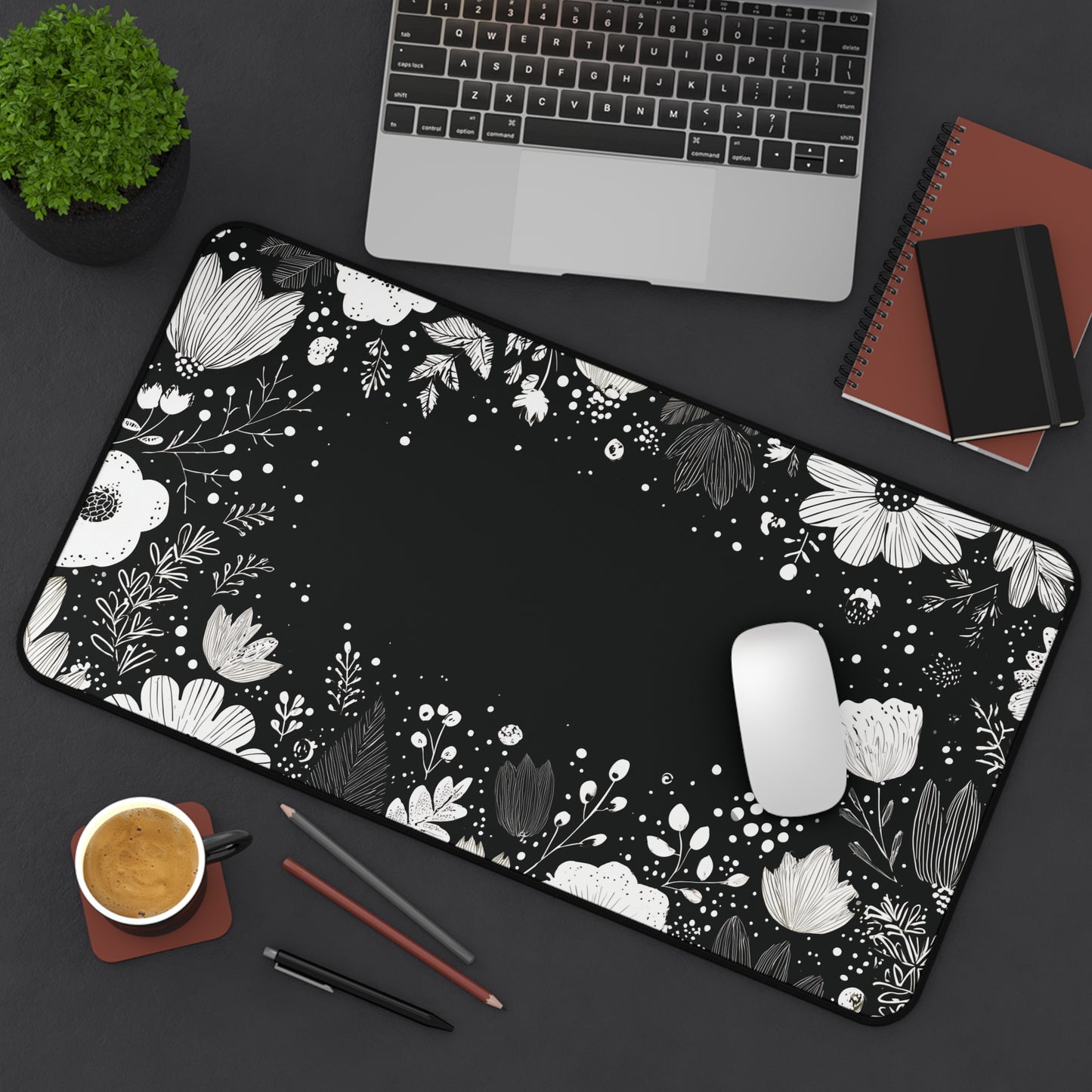 Night Garden Desk Mat: Whimsical White Flowers on Black