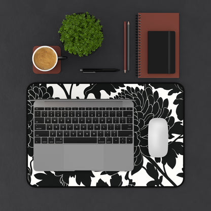 Japanese Chrysanthemum Desk Mat: Elegant Black & White Floral Mouse Pad