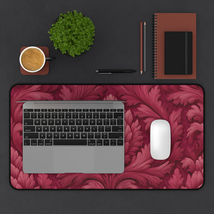 Ruby Red Desk Mat: Velvet-Look Damask Acanthus Design