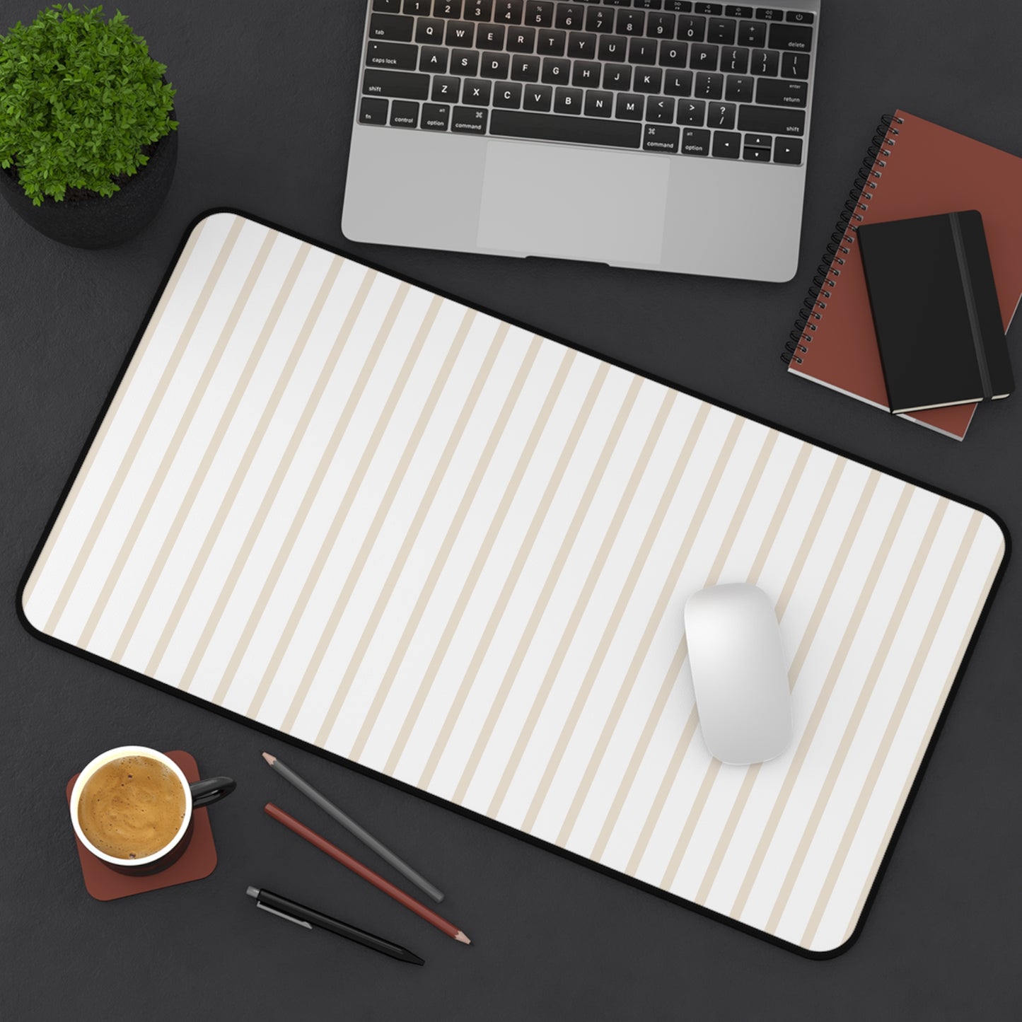 White and Beige Striped Desk Mat for Minimalist Office Decor