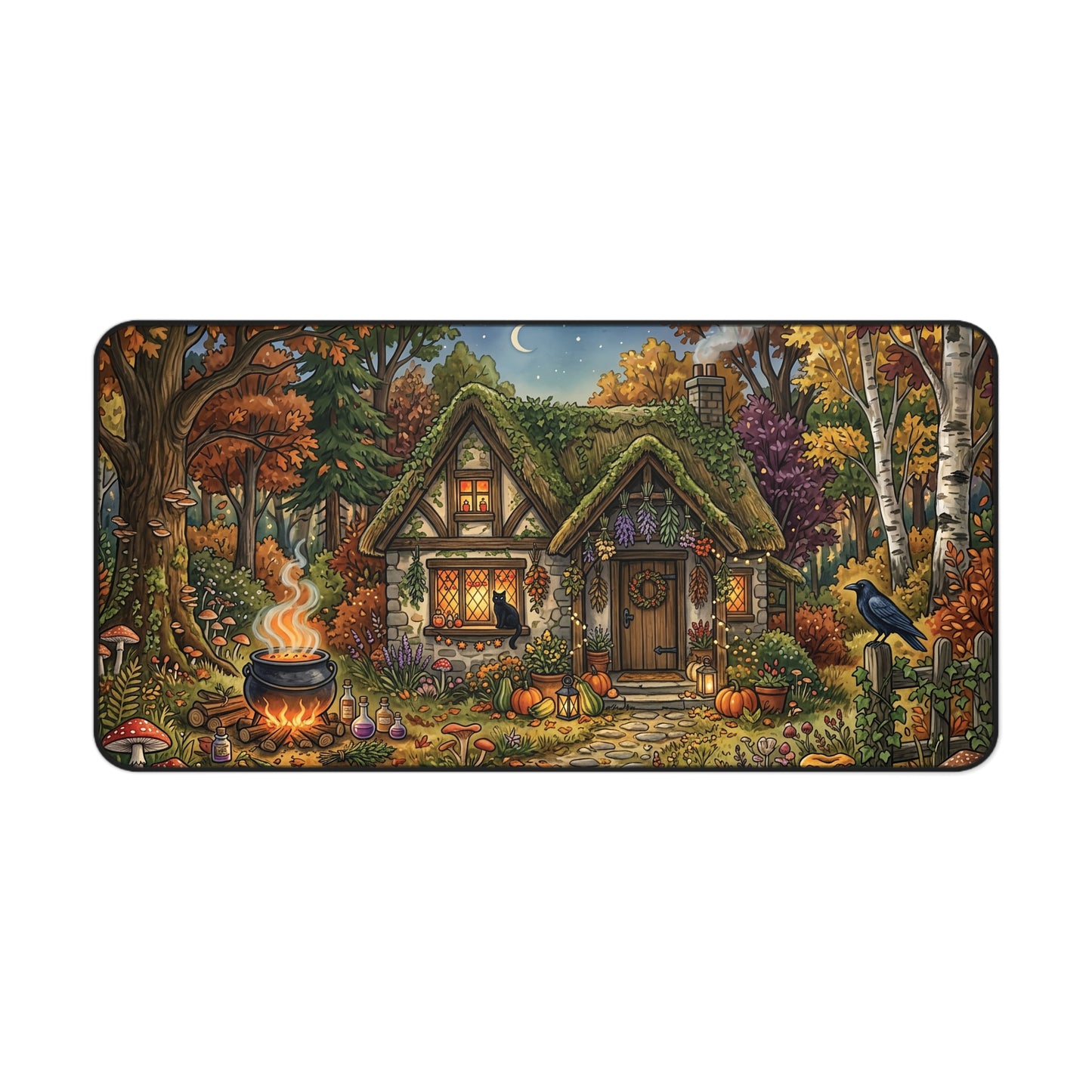 Rounded rectangular desk mat with autumn forest witch cottage scene, pumpkins and glowing cauldron