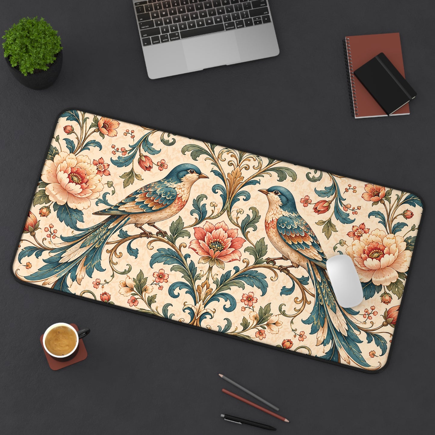 Chinoiserie Desk Mat: Large Vintage Bird Mouse Pad