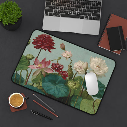 Lotus & Dahlia Desk Mat: Vintage Botanical Painting Mouse Pad XL