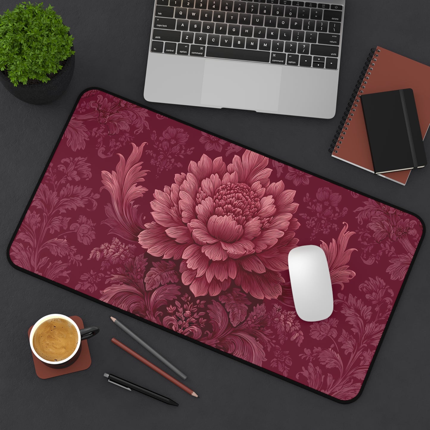 Burgundy Peony Desk Mat: Baroque Damask Floral Design