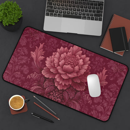 Burgundy Peony Desk Mat: Baroque Damask Floral Design