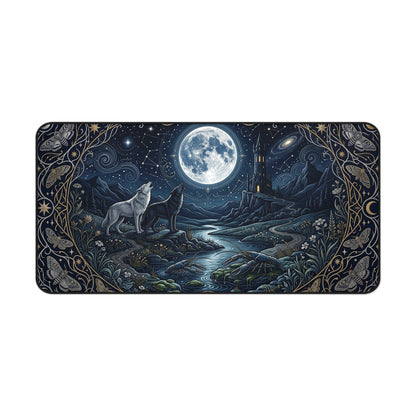 Mystical Wolf Moon Desk Mat: Celestial Nature Illustration