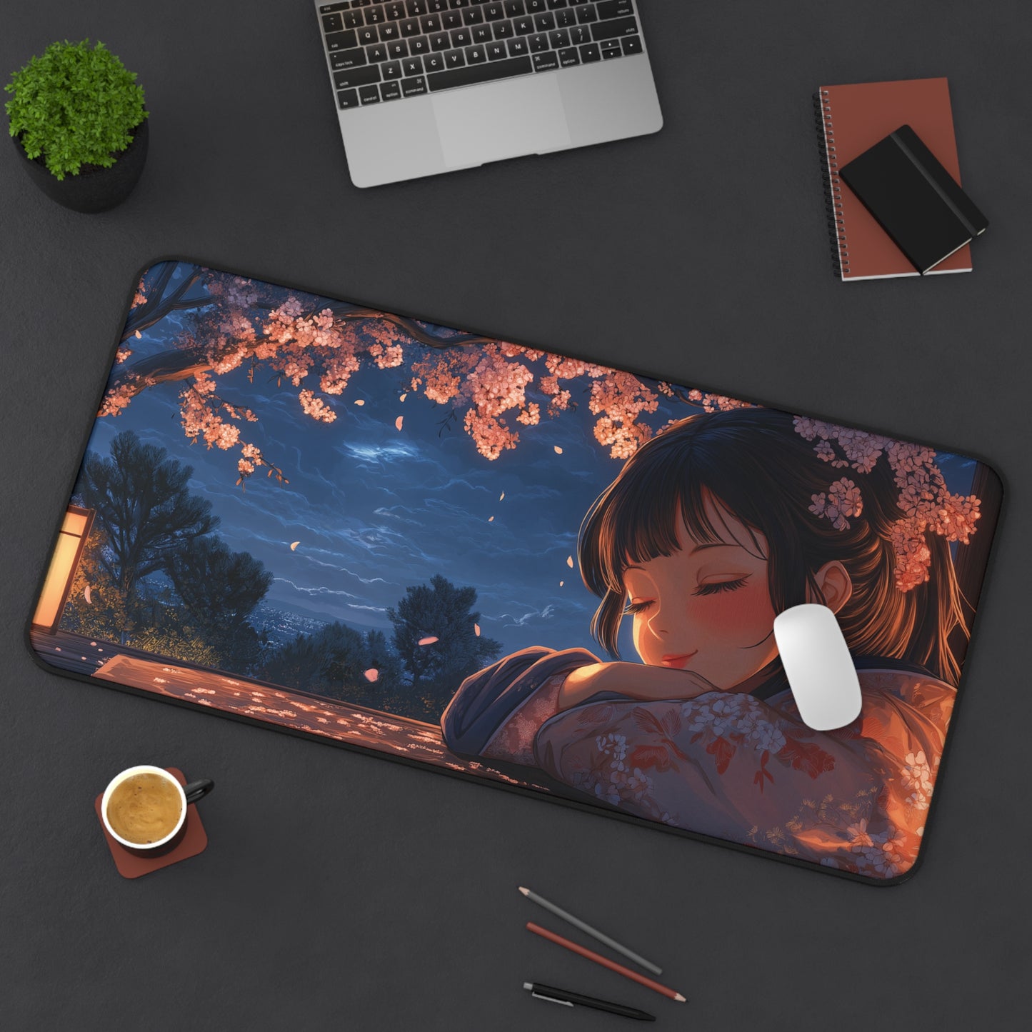 Japanese Girl Desk Mat Anime Style, Cherry Blossom Gaming Mousepad