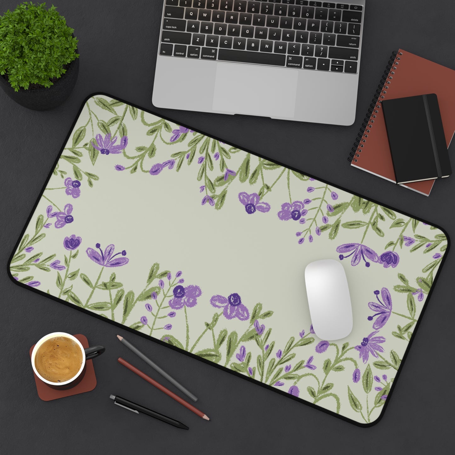 Lavender Floral Desk Mat: Purple Flowers on Sage Green
