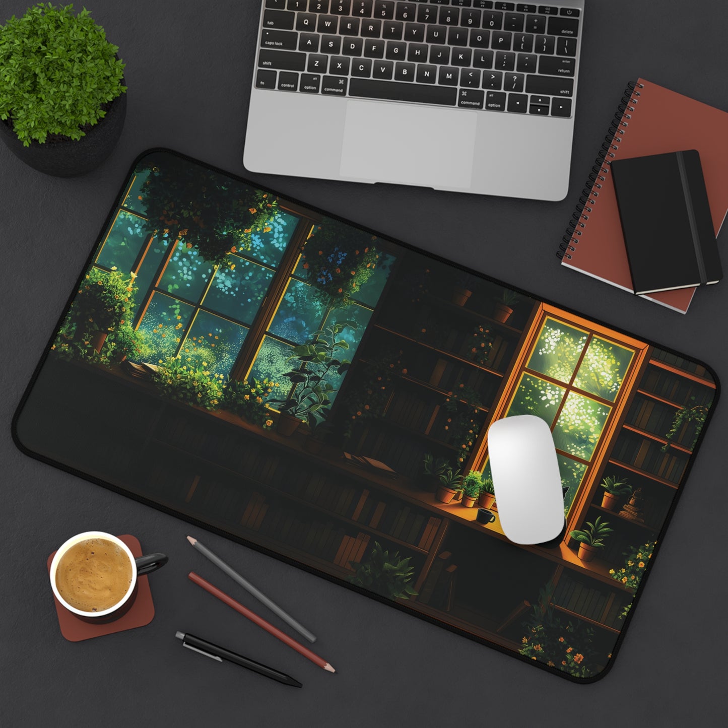 Cat Library Desk Mat, Cat and Plants Desk Pad, Dark Academia Keyboard Mat