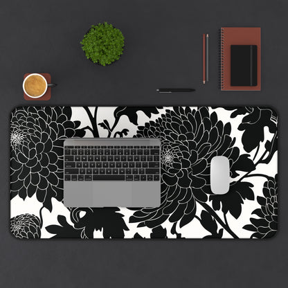 Japanese Chrysanthemum Desk Mat: Elegant Black & White Floral Mouse Pad