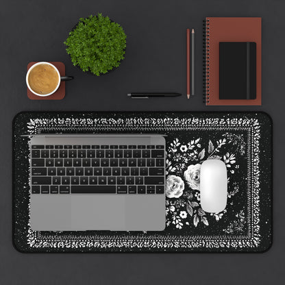 White Rose Desk Mat: Vintage Bouquet on Black Mouse Pad