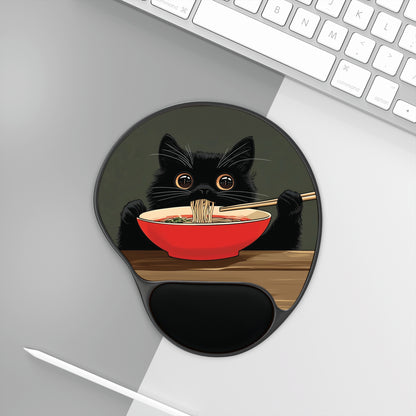 Ergonomic Black Cat Eating Ramen Mouse Pad with Wrist Rest