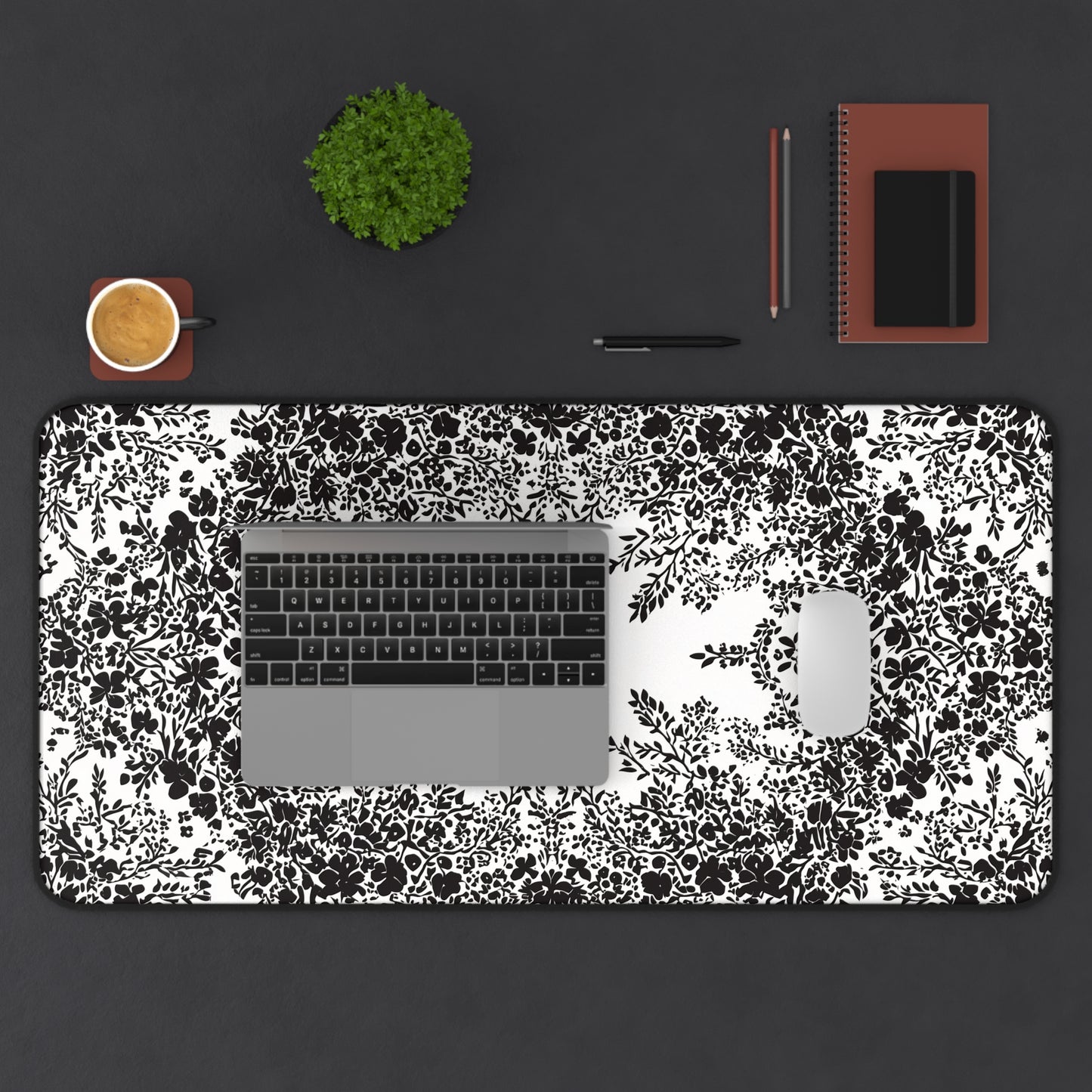 White Desk Mat with Black Flowers