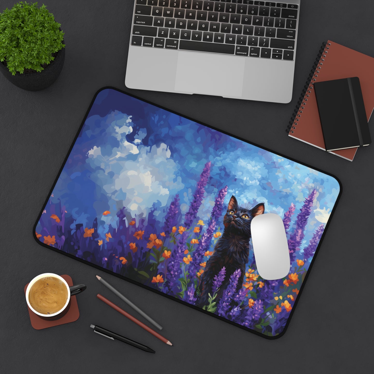 Cat Lavander Desk Mat, Flowers Aesthetic Mouse Pad, Keyboard Mat for Cat Lovers
