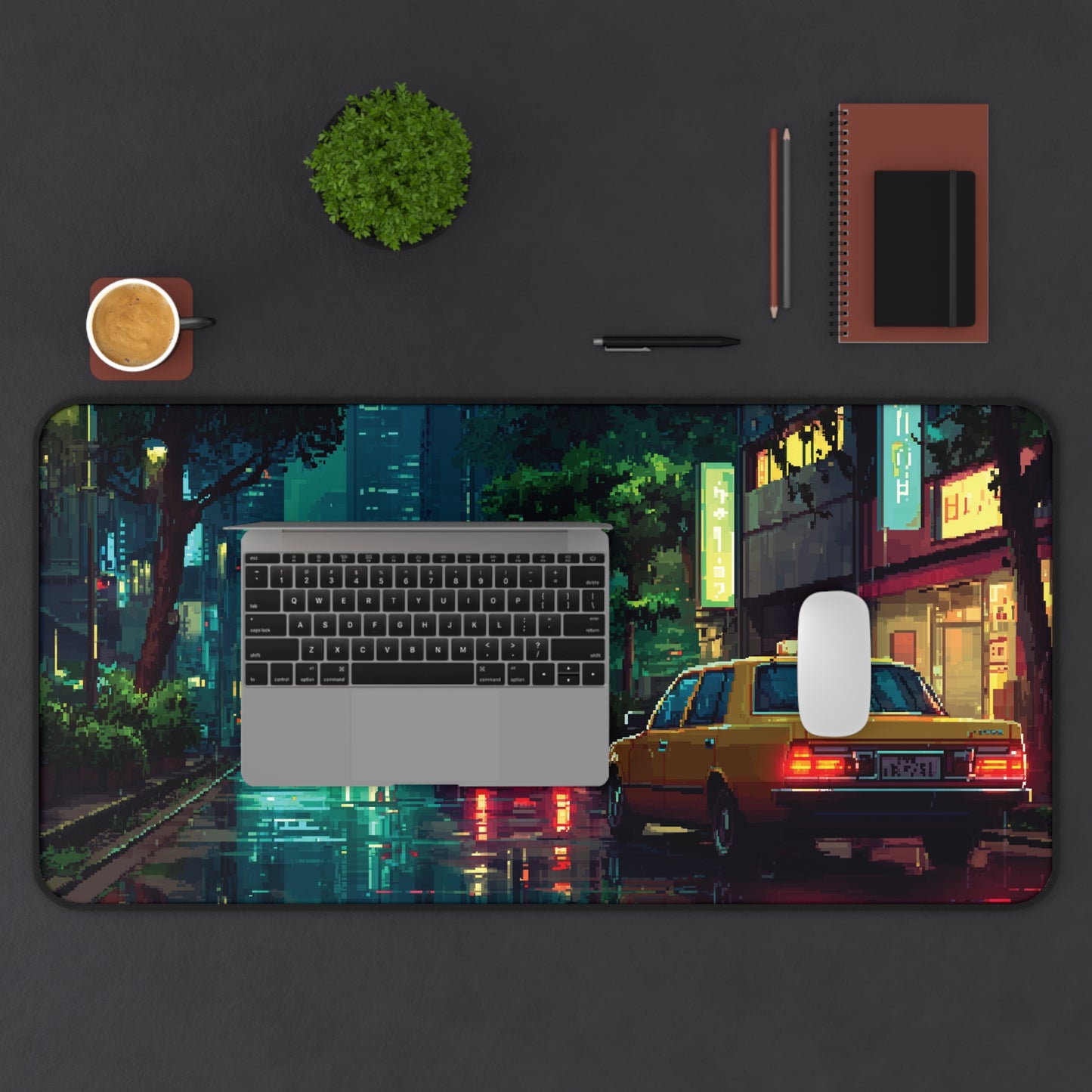 Pixel Art Desk Mat: Rainy Neon City Mouse Pad