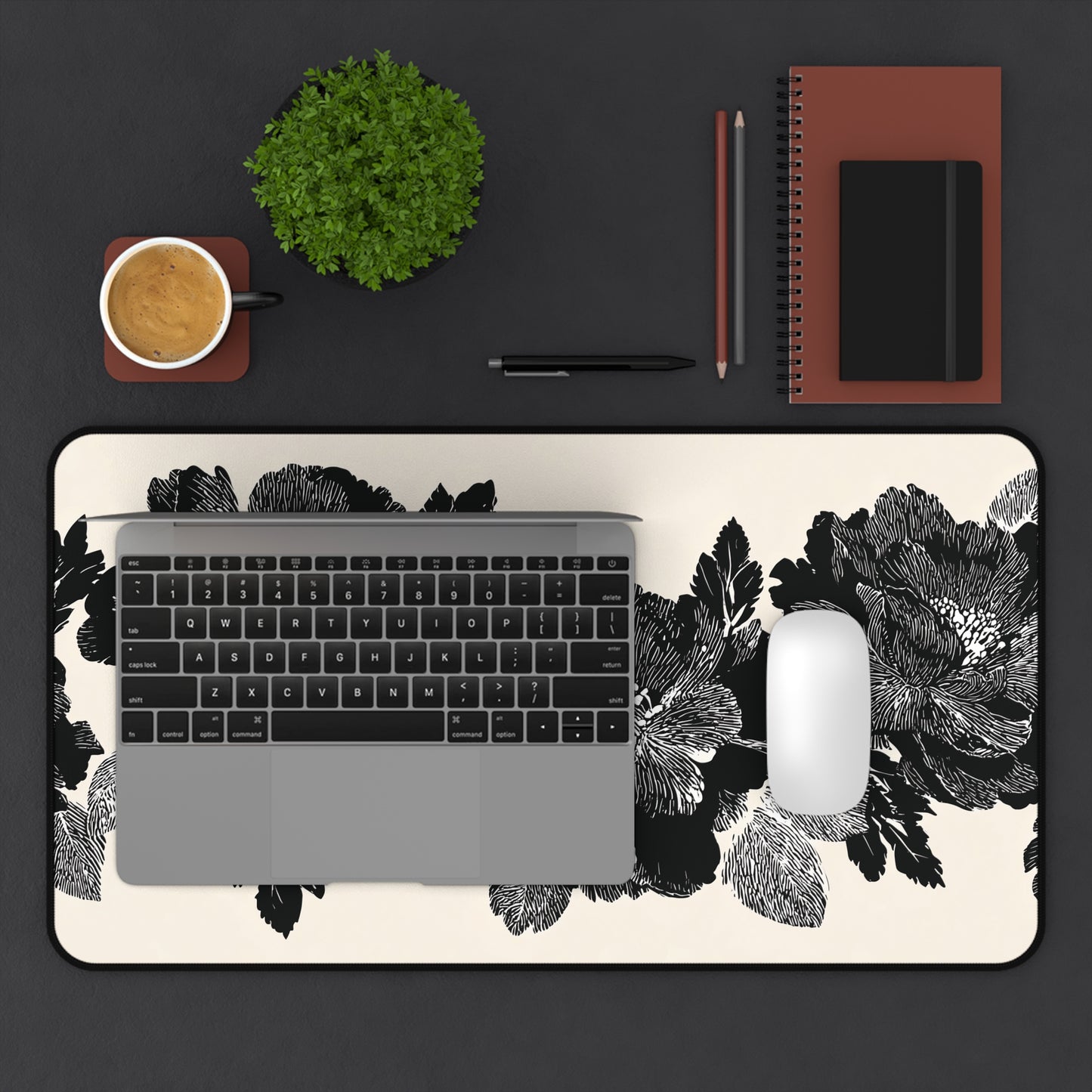 Beige and Black Dark Cottagecore Moody Floral Desk Mat