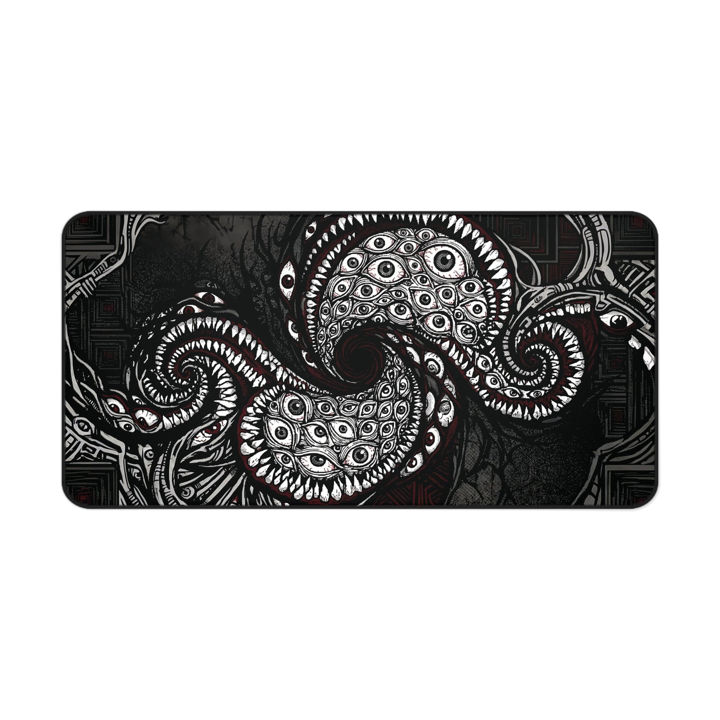 Black desk mat with white tentacle eye illustration, rounded corners and stitched border