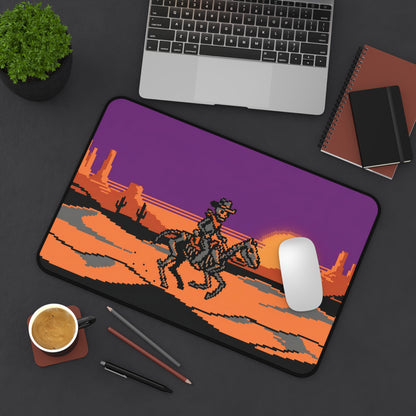 Pixel art cowboy desk mat with western desert sunset design and smooth surface