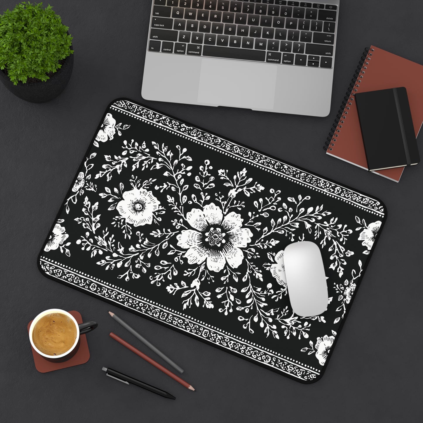Black Floral Desk Mat: Botanical Folk Art Design