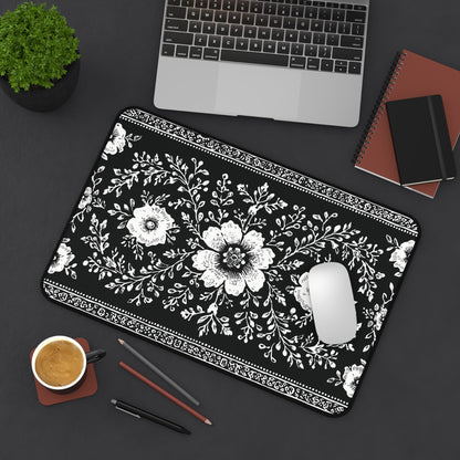 Black Floral Desk Mat: Botanical Folk Art Design