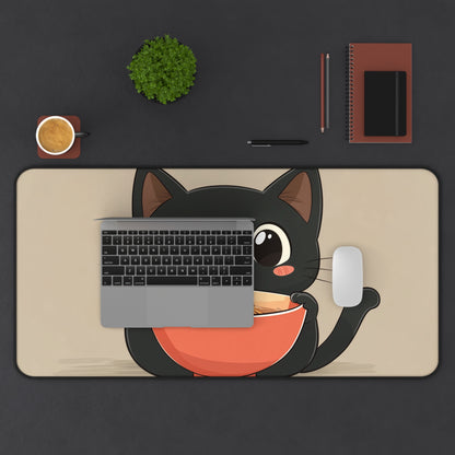 Cute Black Cat Desk Mat, Kawaii Mouse Pad for Cat Lovers, Black Cat Eating Ramen Desk Pad