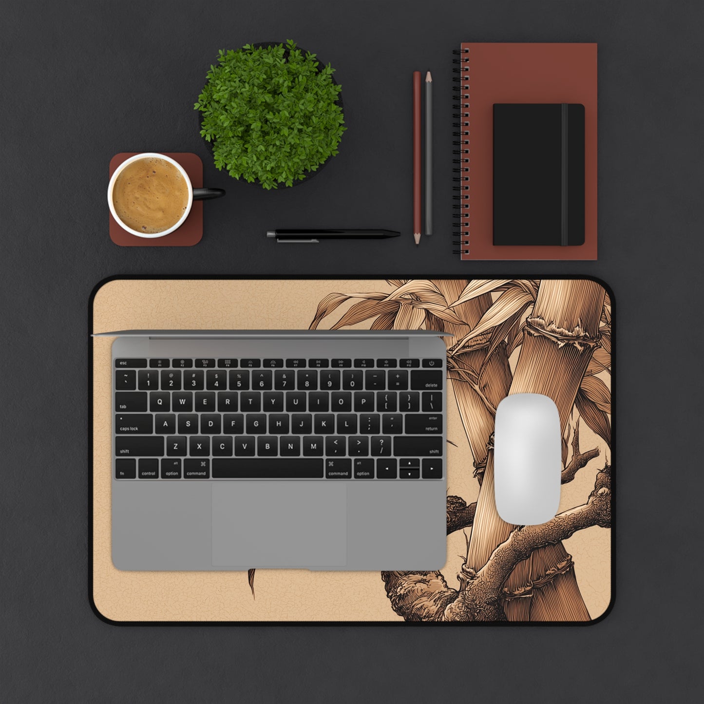 Bamboo Line Art Desk Mat: Beige & Minimalist Zen Mouse Pad