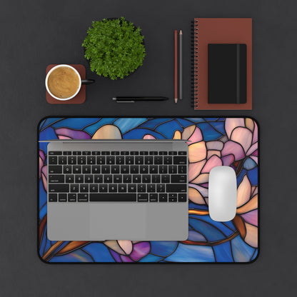 Stained Glass Style Magnolia Desk Mat: Pink & Blue Floral MousePad
